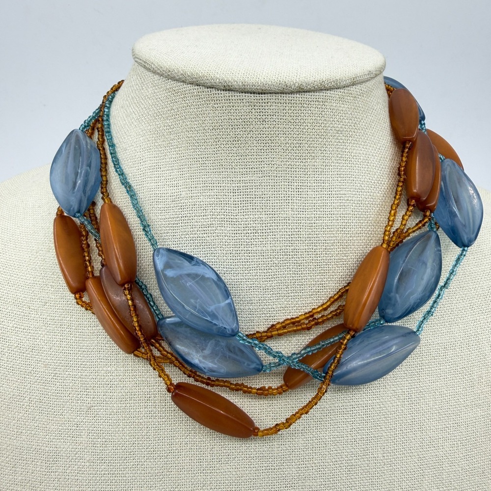 Blue Brown Marbled Bead Multi Strand Necklace Chunky Boho Statement Jewelry Gift